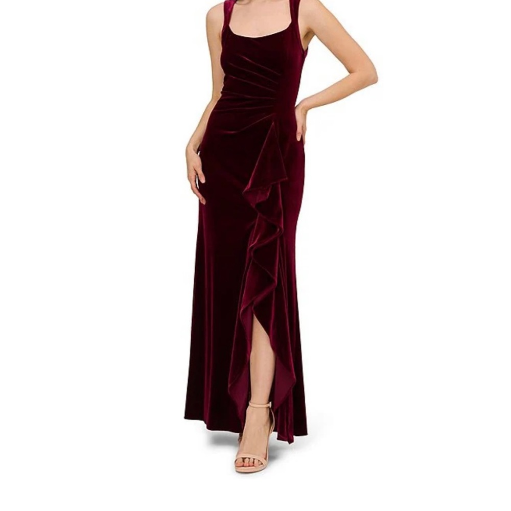 Adrianna Papell Square Neck Velvet Ruffle Gown